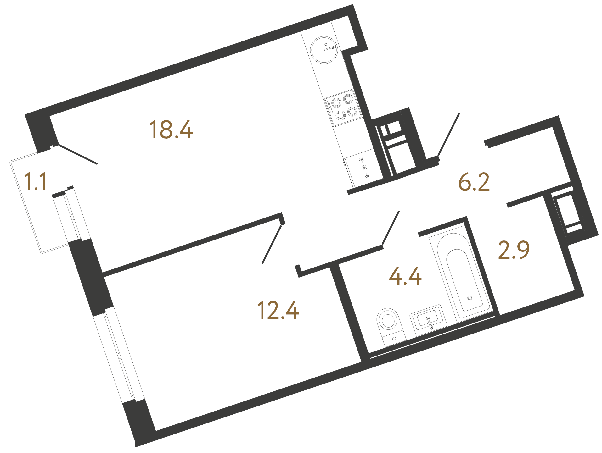 1-комнатная квартира  №109 в Литера: 44.3 м², этаж 4 - купить в Санкт-Петербурге