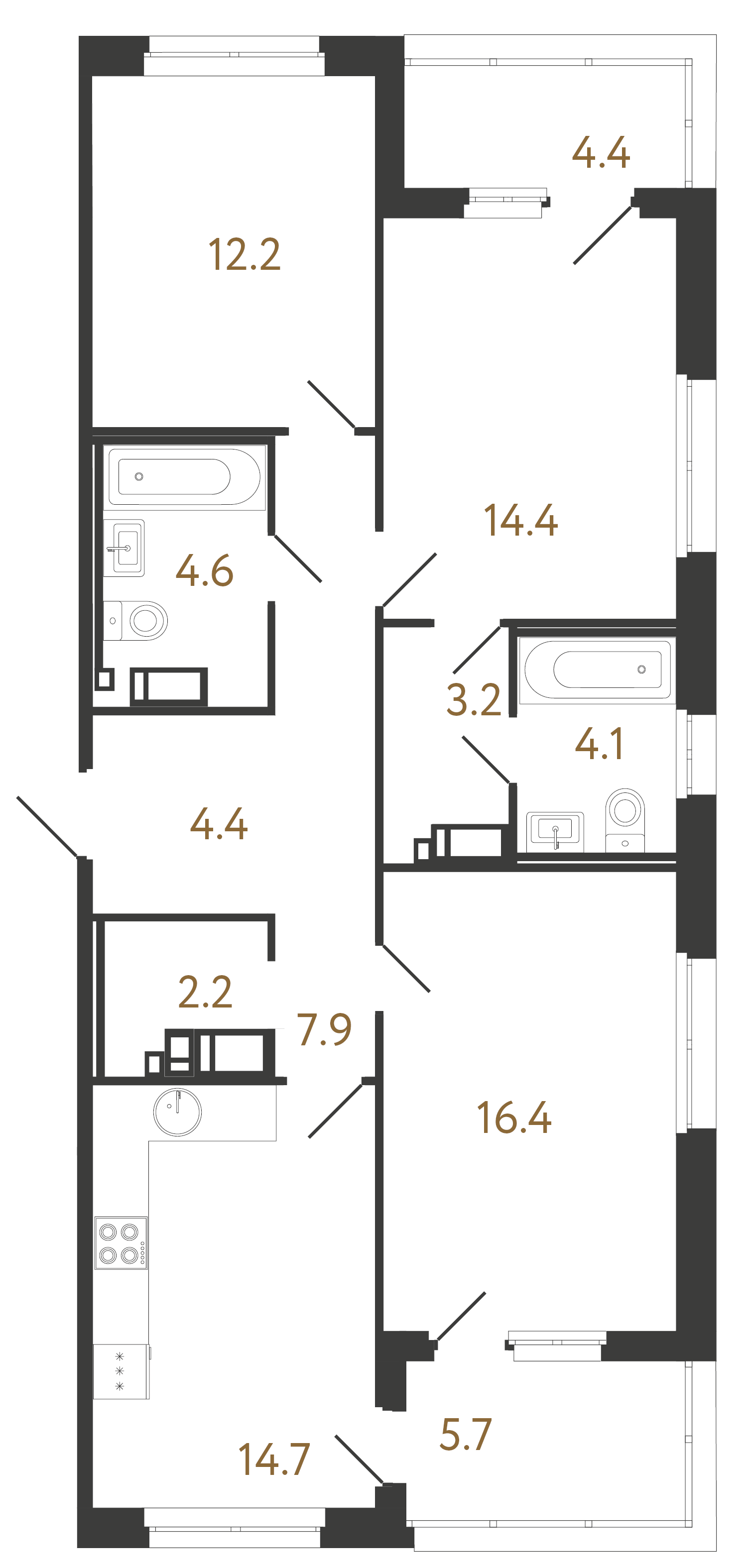 3-комнатная квартира  №192 в Литера: 84.1 м², этаж 12 - купить в Санкт-Петербурге