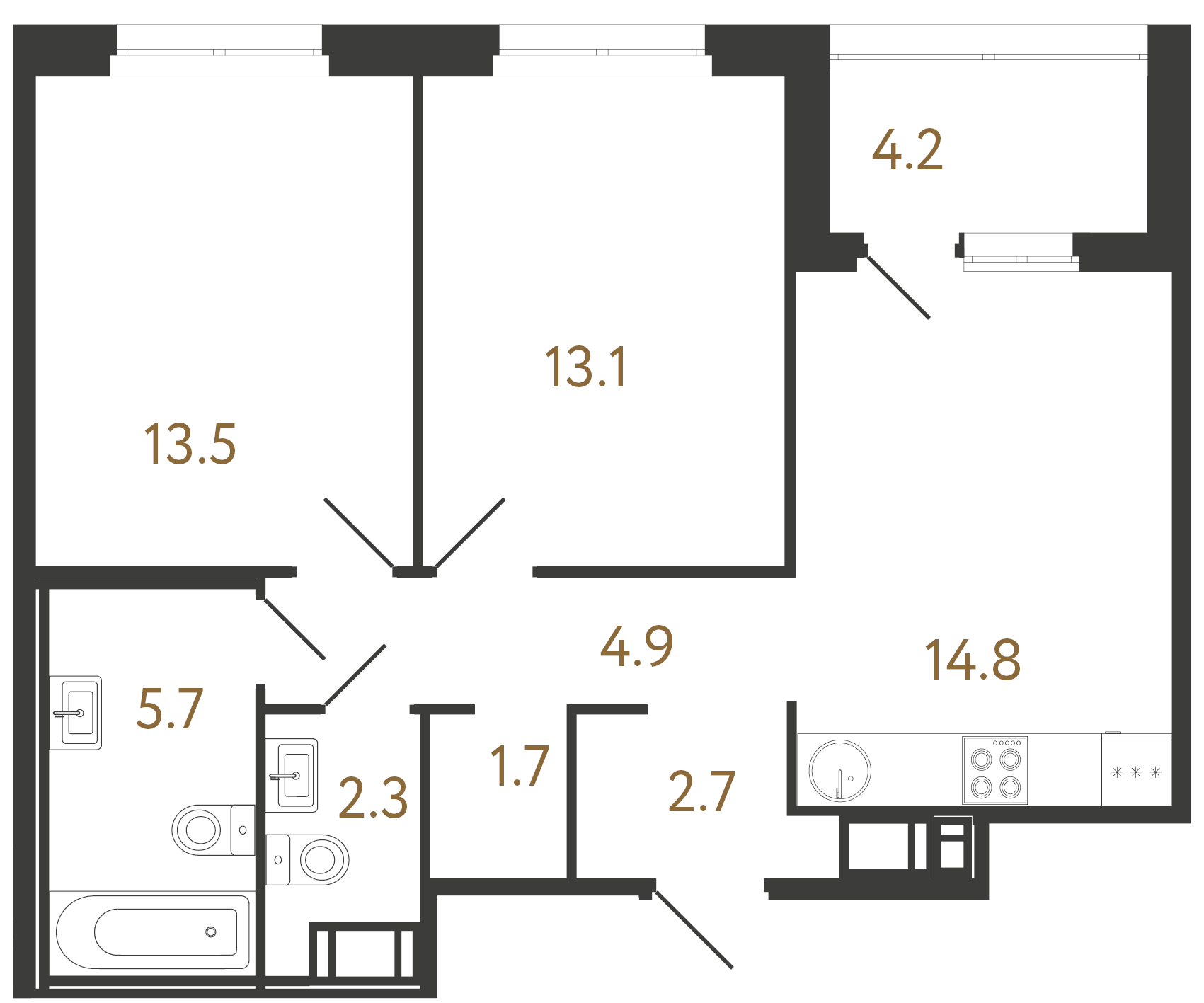 2-комнатная квартира №6 в: Литера: 58.7 м²; этаж: 6 - купить в Санкт-Петербурге