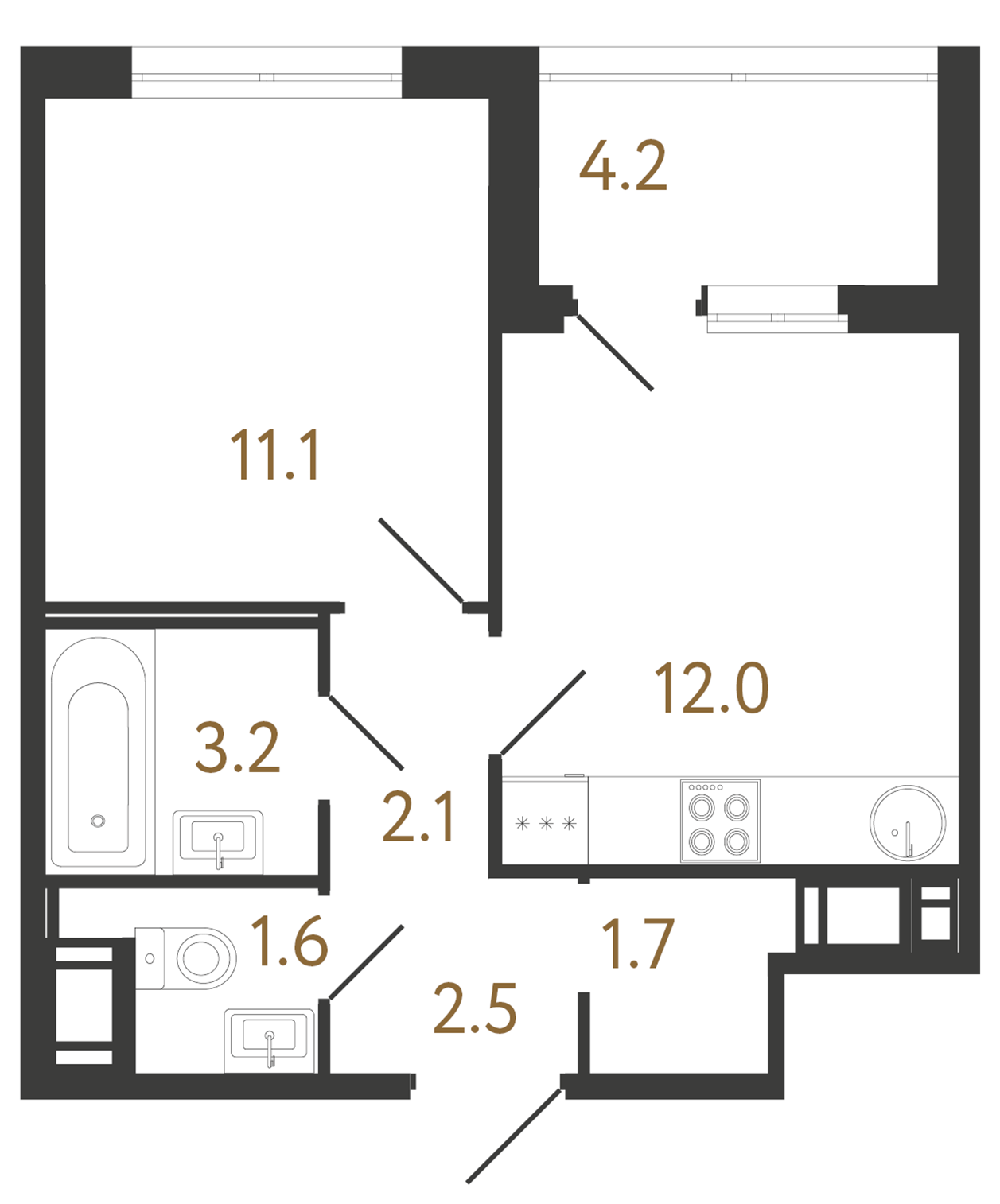 1-комнатная квартира  №38 в Литера: 34.2 м², этаж 9 - купить в Санкт-Петербурге