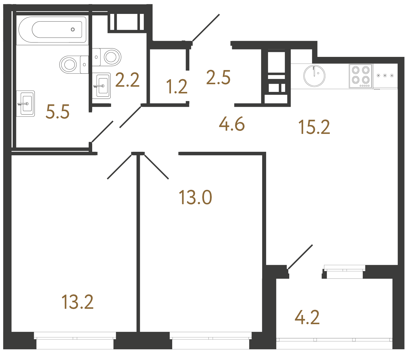 2-комнатная квартира №6 в: Литера: 57.4 м²; этаж: 6 - купить в Санкт-Петербурге