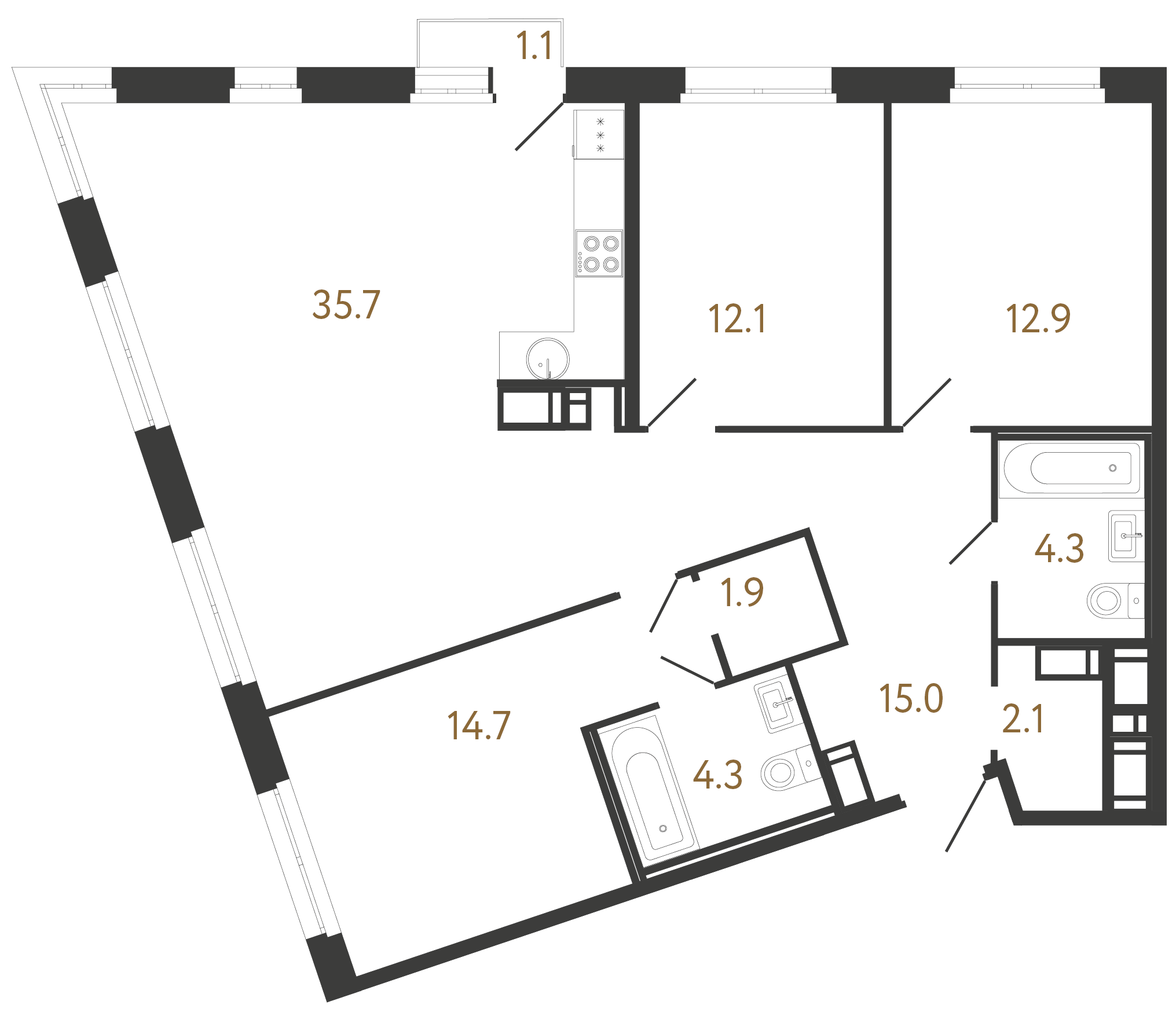 3-комнатная квартира  №66 в Литера: 103 м², этаж 4 - купить в Санкт-Петербурге