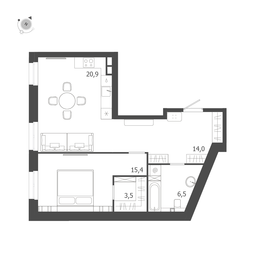 1-комнатная квартира  №145 в ЛДМ: 60.3 м², этаж 3 - купить в Санкт-Петербурге