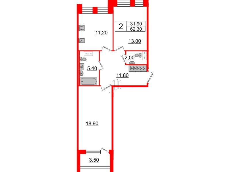 2-комнатная квартира  №330 в Svetlana Park: 62.3 м², этаж 4 - купить в Санкт-Петербурге