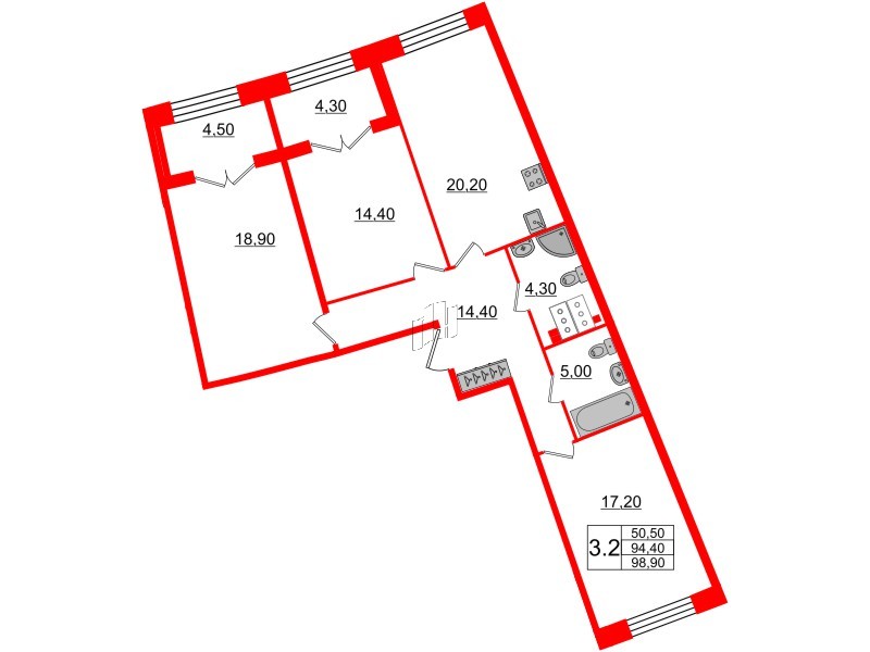 3-комнатная квартира  №119 в Grand View: 94.4 м², этаж 4 - купить в Санкт-Петербурге