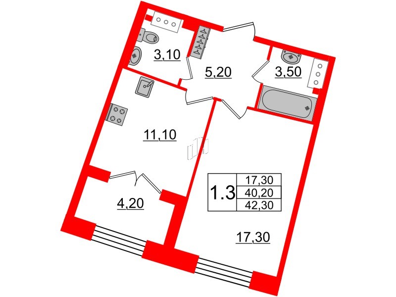 1-комнатная квартира  №151 в Grand View: 40.2 м², этаж 4 - купить в Санкт-Петербурге