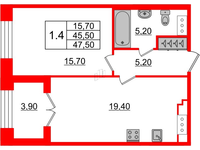 1-комнатная квартира  №32 в Grand View: 45.5 м², этаж 7 - купить в Санкт-Петербурге