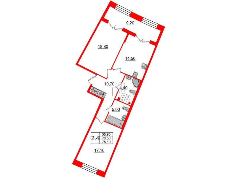 2-комнатная квартира  №175 в Grand View: 70.5 м², этаж 3 - купить в Санкт-Петербурге