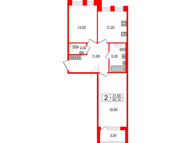 2-комнатная квартира  №173 в Svetlana Park: 62.1 м², этаж 5 - купить в Санкт-Петербурге