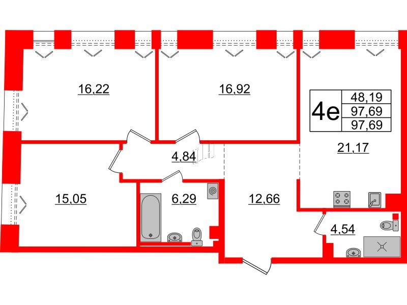 3-комнатная квартира  №413 в Imperial club: 97.69 м², этаж 5 - купить в Санкт-Петербурге