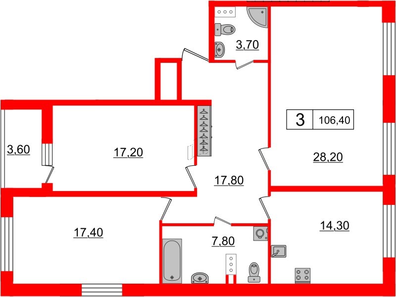 3-комнатная квартира  №690 в Притяжение: 106.4 м², этаж 7 - купить в Санкт-Петербурге