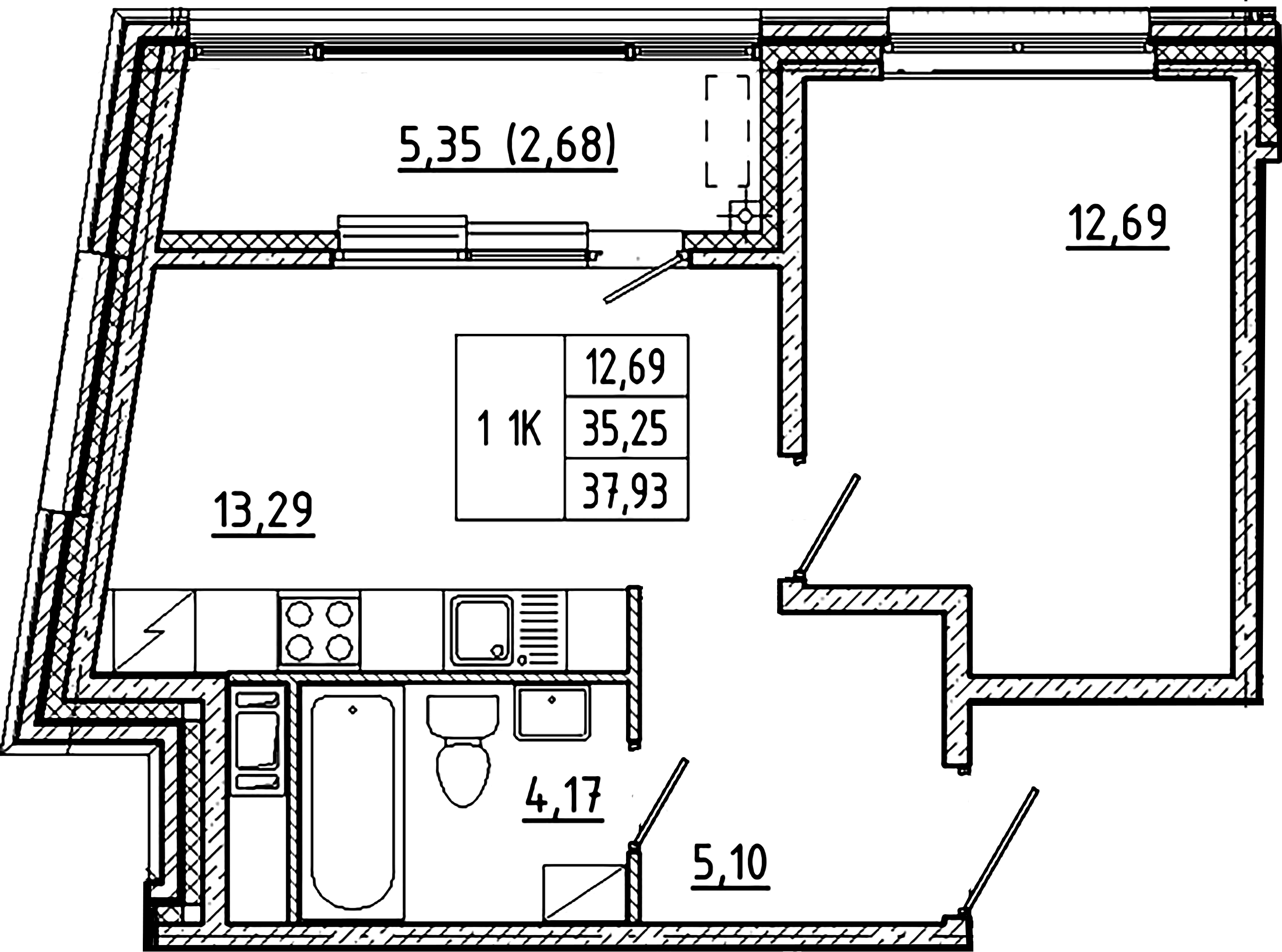 1-комнатная квартира  №81 в ARTSTUDIO М103: 37.93 м², этаж 5 - купить в Санкт-Петербурге