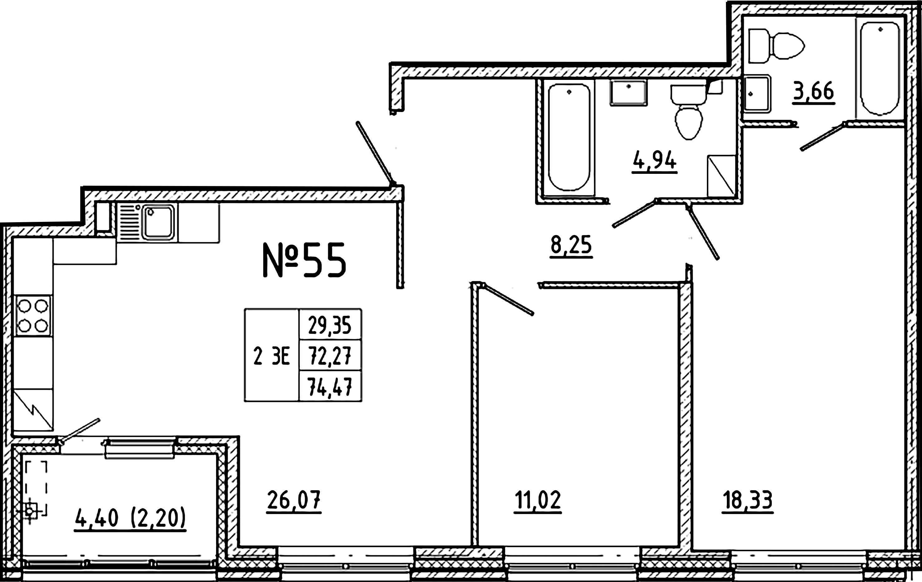 2-комнатная квартира  №55 в Клубный дом №8: 74.47 м², этаж 2 - купить в Санкт-Петербурге