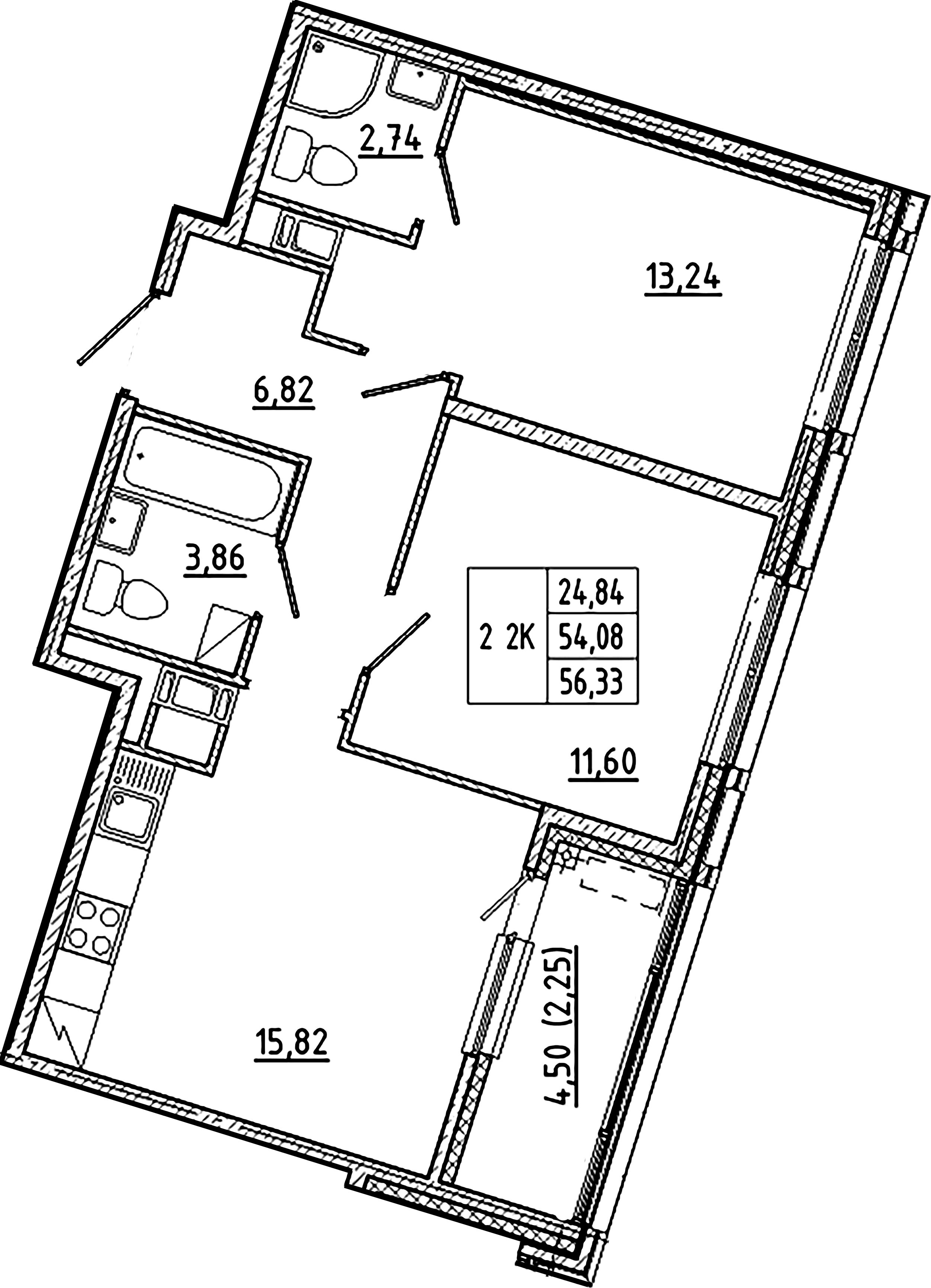 2-комнатная квартира  №213 в Клубный дом №8: 56.33 м², этаж 6 - купить в Санкт-Петербурге