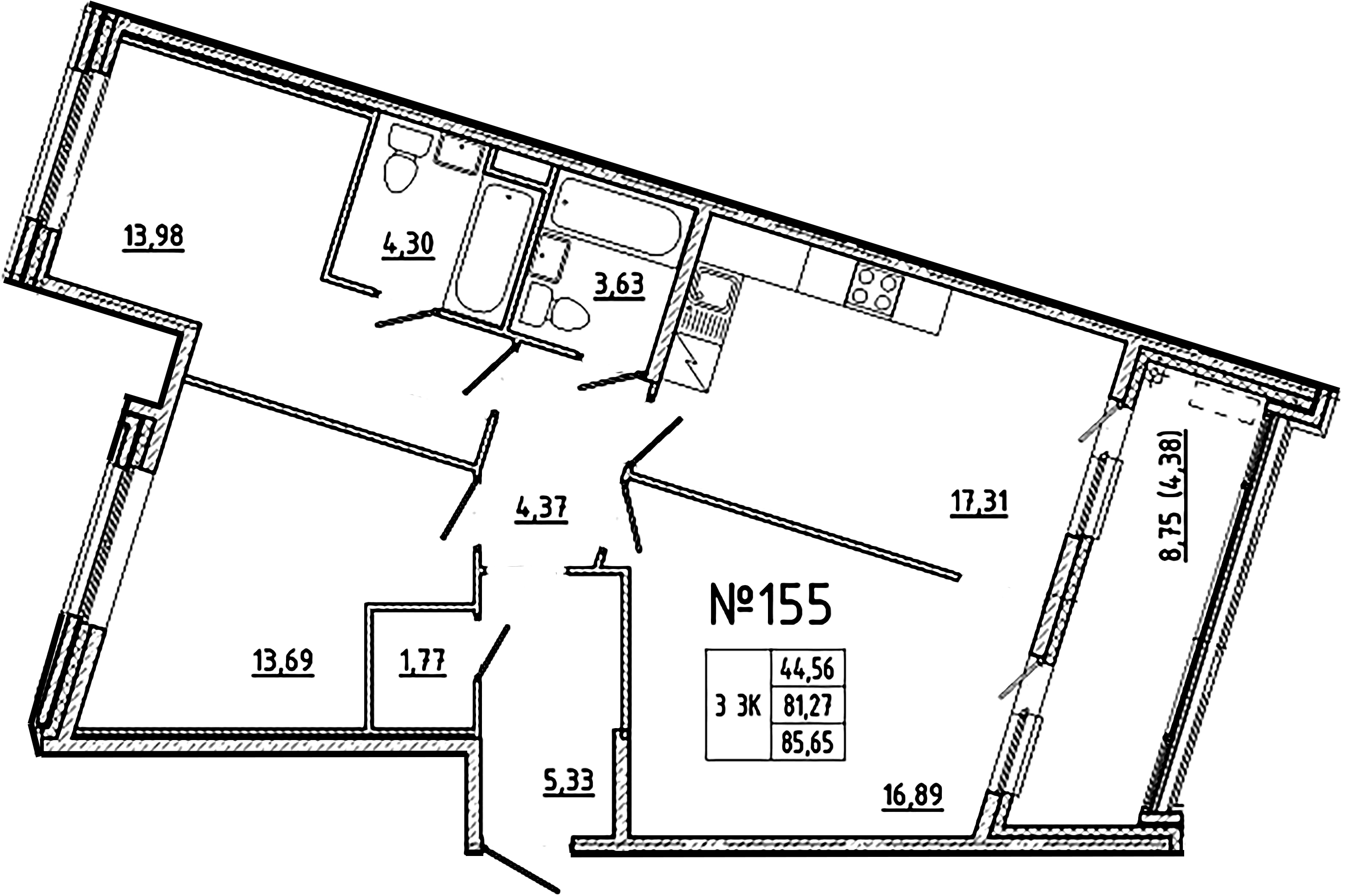 3-комнатная квартира  №155 в Клубный дом №8: 85.65 м², этаж 2 - купить в Санкт-Петербурге