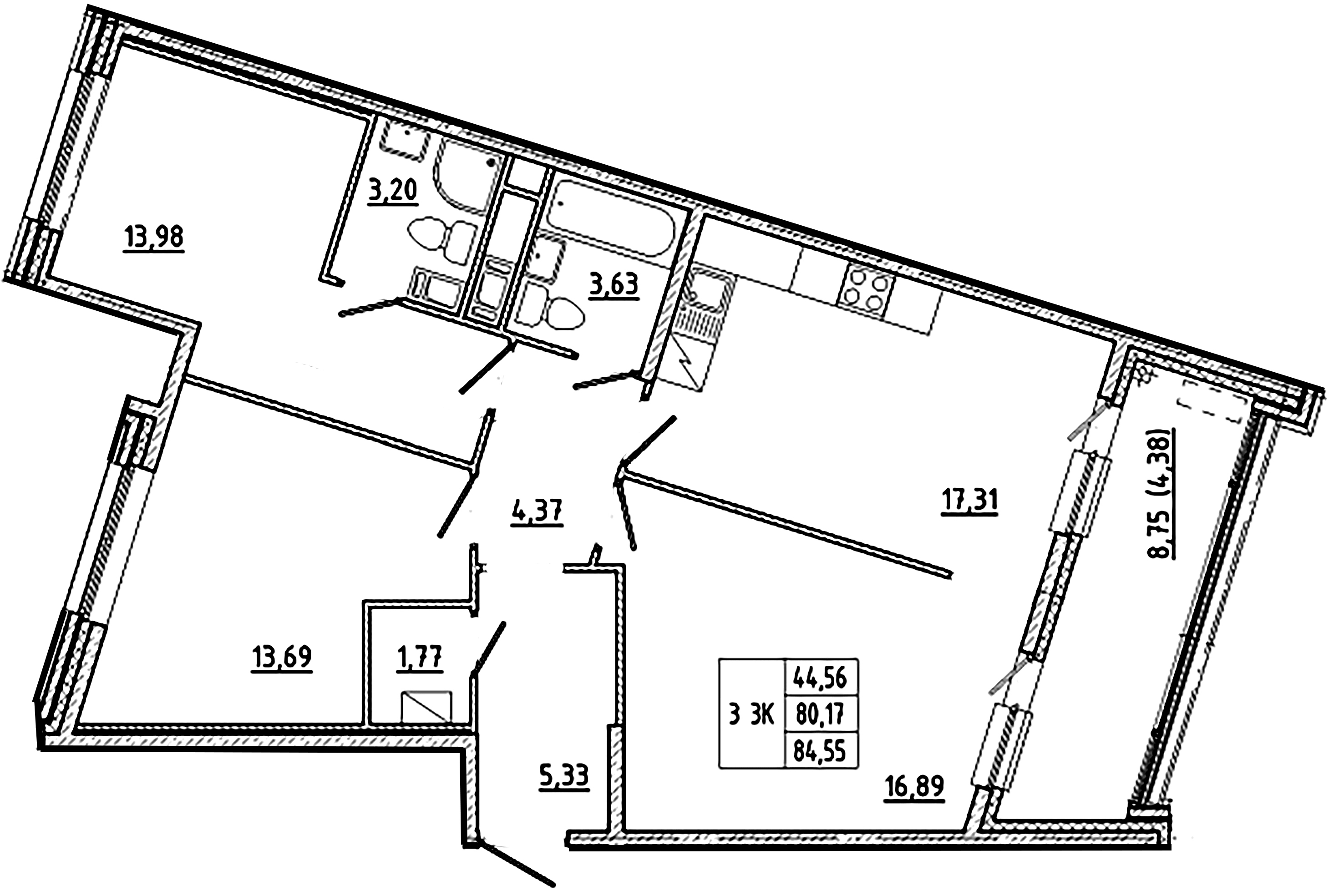 3-комнатная квартира  №159 в Клубный дом №8: 84.55 м², этаж 3 - купить в Санкт-Петербурге