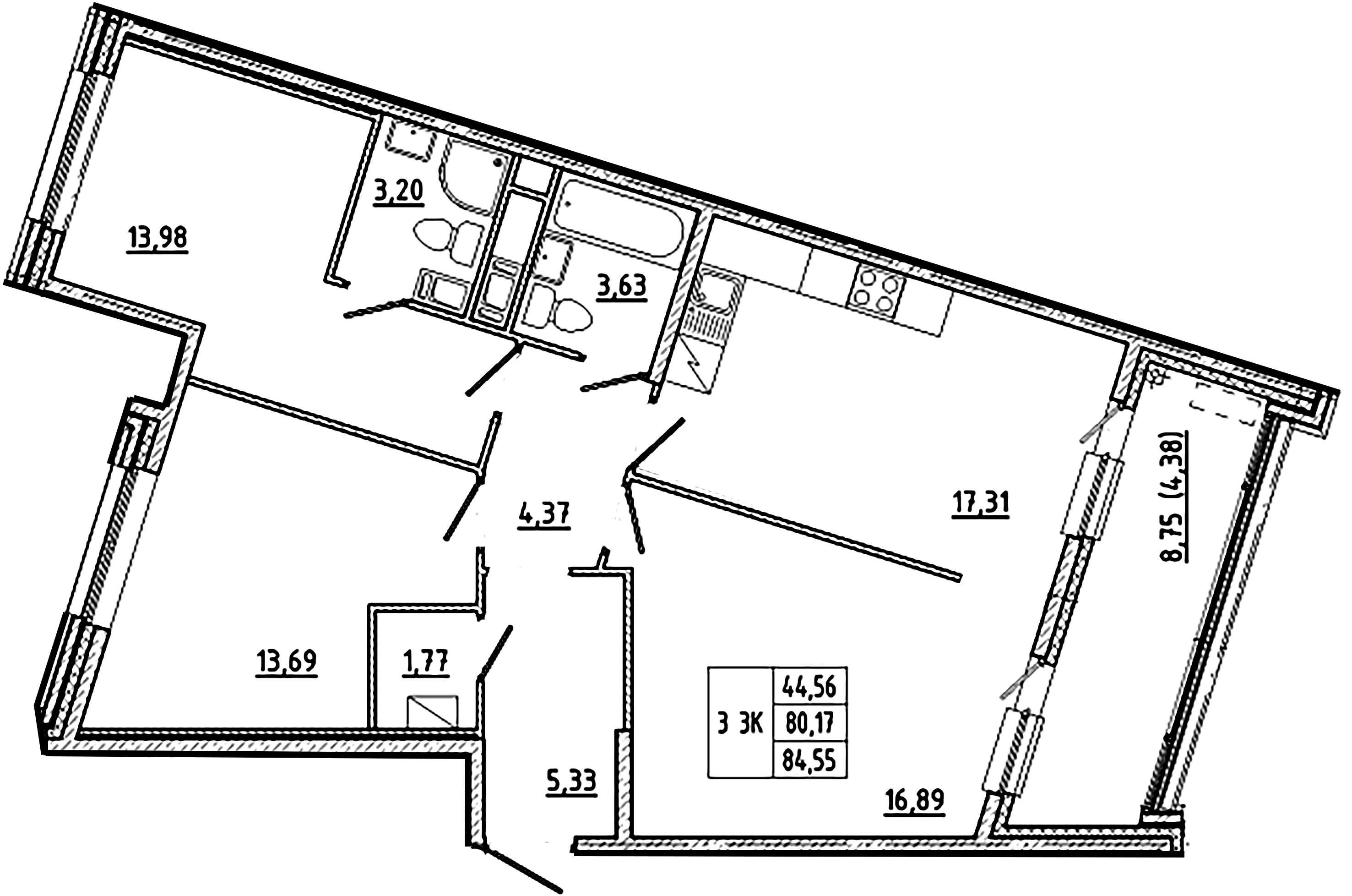 3-комнатная квартира  №171 в Клубный дом №8: 84.55 м², этаж 6 - купить в Санкт-Петербурге