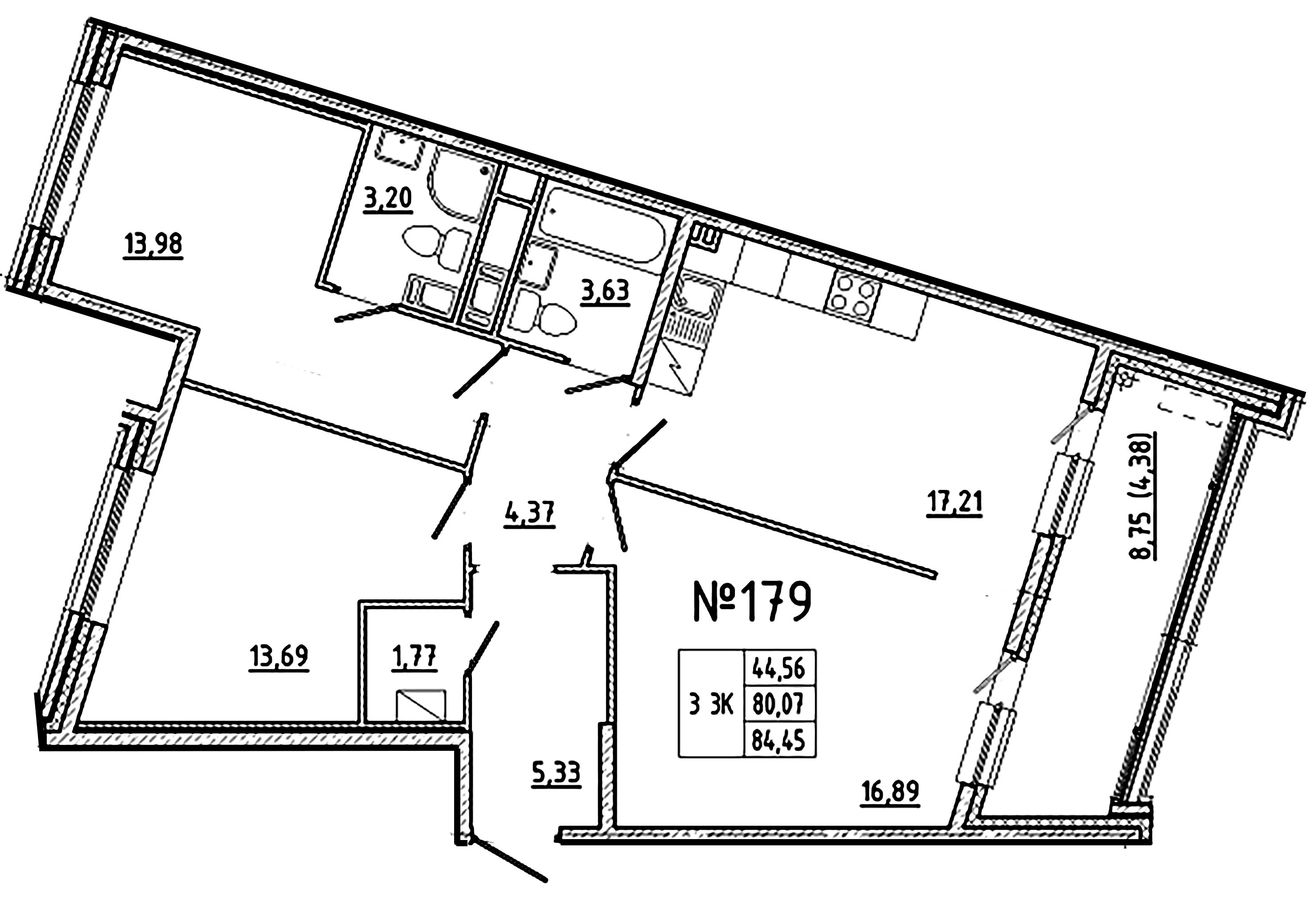 3-комнатная квартира  №179 в Клубный дом №8: 84.45 м², этаж 8 - купить в Санкт-Петербурге