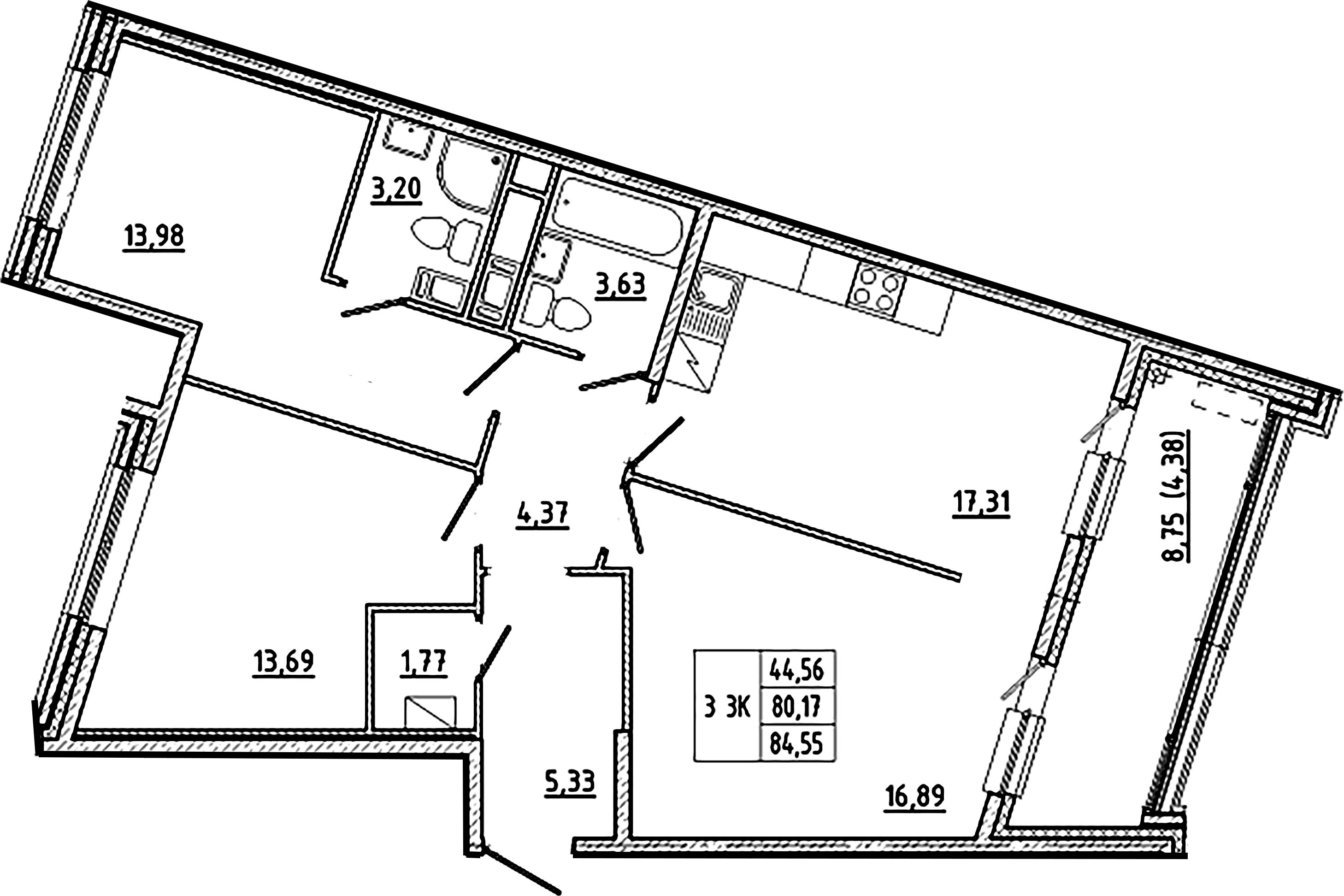 3-комнатная квартира  №175 в Клубный дом №8: 84.55 м², этаж 7 - купить в Санкт-Петербурге