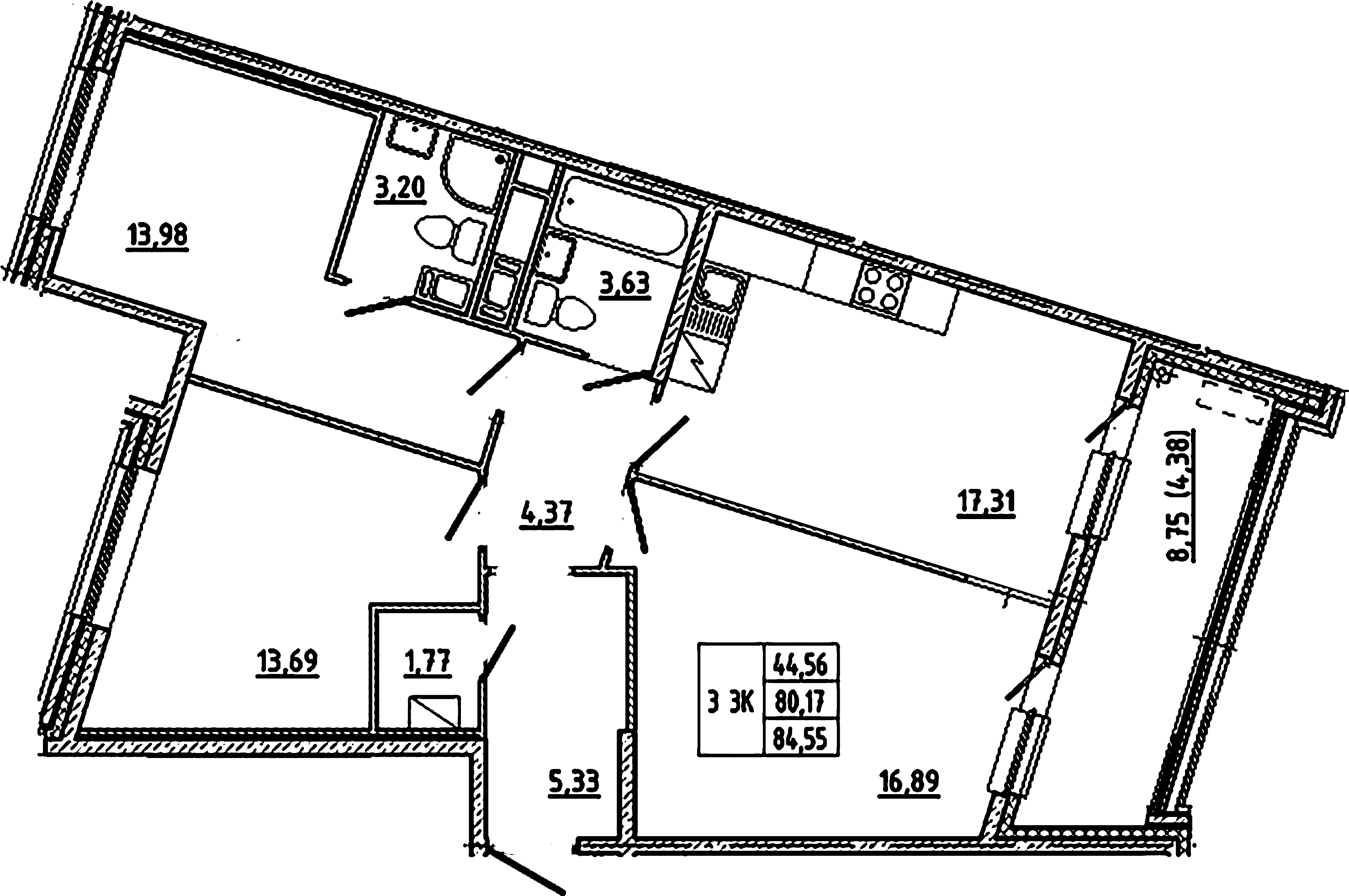 3-комнатная квартира  №167 в Клубный дом №8: 84.55 м², этаж 5 - купить в Санкт-Петербурге