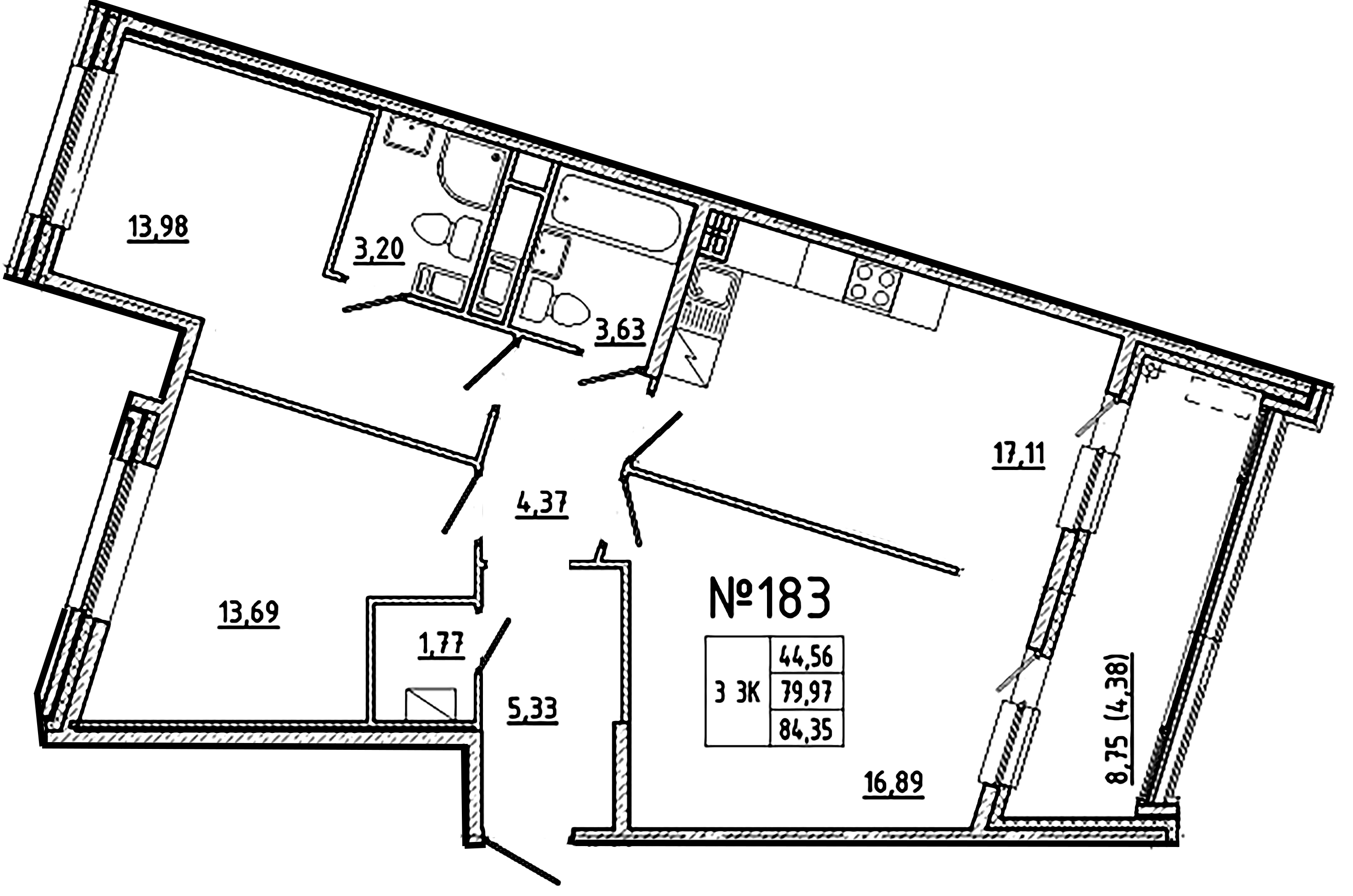 3-комнатная квартира  №183 в Клубный дом №8: 84.35 м², этаж 9 - купить в Санкт-Петербурге