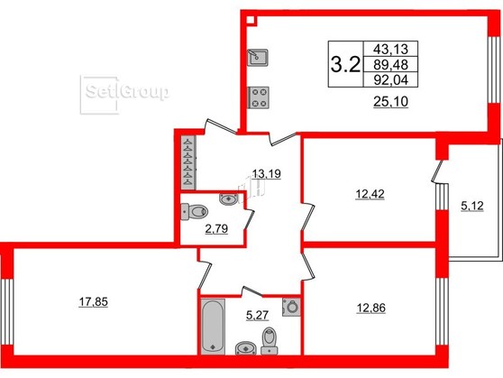 3-комнатная квартира  №154 в Притяжение: 87.9 м², этаж 1 - купить в Санкт-Петербурге