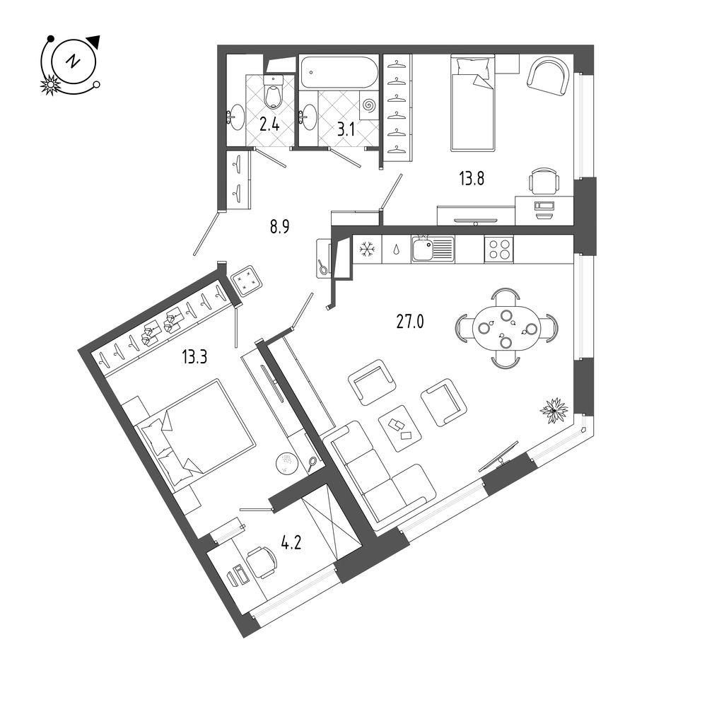 2-комнатная квартира  №307 в Domino: 70.5 м², этаж 9 - купить в Санкт-Петербурге