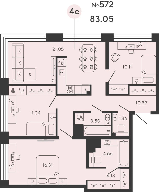 3-комнатная квартира  №572 в Bashni Element: 83.05 м², этаж 20 - купить в Санкт-Петербурге