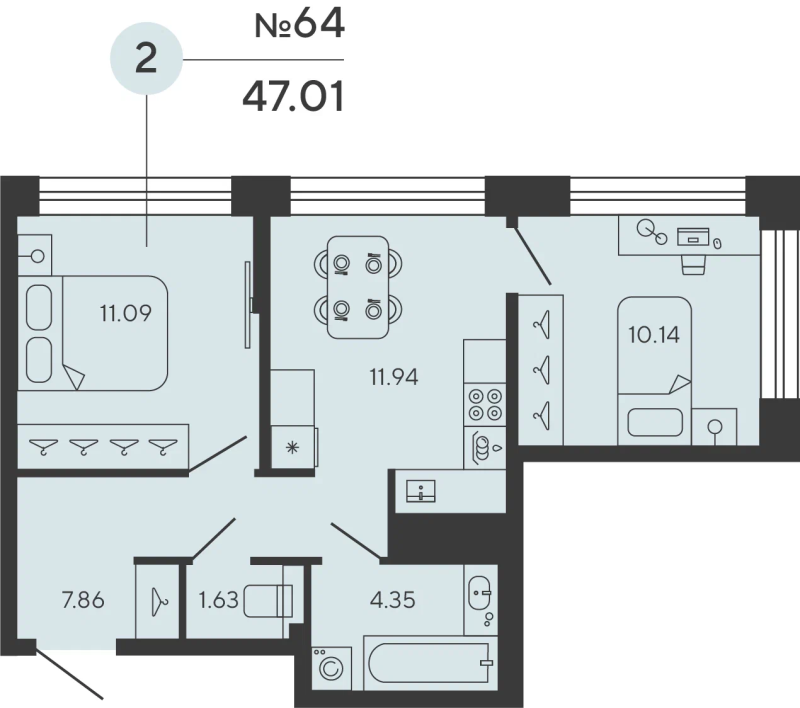 2-комнатная квартира, 47.01 м²; этаж: 10 - купить в Санкт-Петербурге