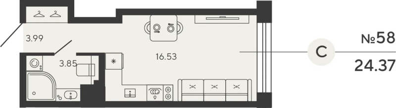 1-комнатная квартира, 24.37 м²; этаж: 9 - купить в Санкт-Петербурге