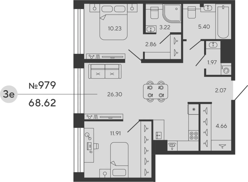 2-комнатная квартира  №979 в Bashni Element: 68.62 м², этаж 6 - купить в Санкт-Петербурге