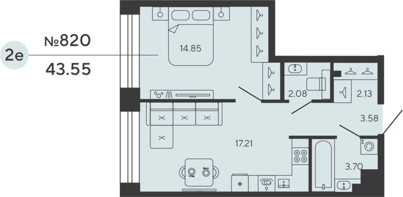 1-комнатная квартира  №820 в Bashni Element: 43.55 м², этаж 4 - купить в Санкт-Петербурге