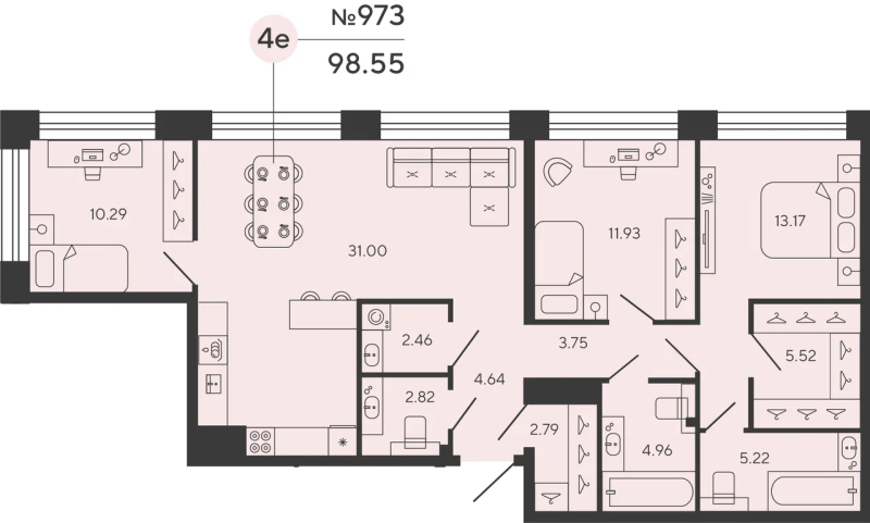 3-комнатная квартира  №973 в Bashni Element: 98.55 м², этаж 4 - купить в Санкт-Петербурге