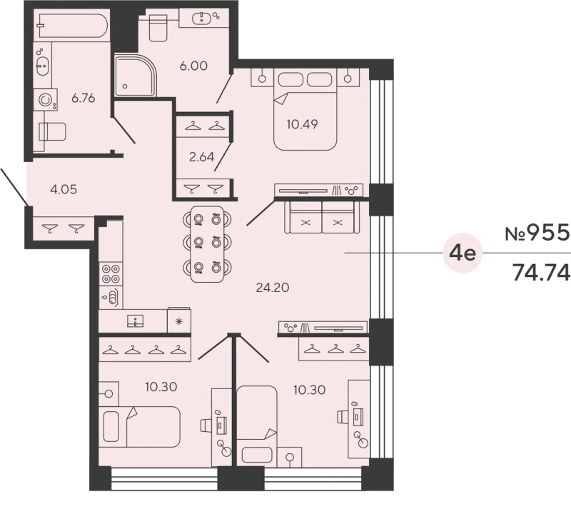 3-комнатная квартира, 74.74 м²; этаж: 15 - купить в Санкт-Петербурге