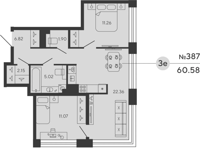 2-комнатная квартира №12уч в: BASHNI ELEMENT: 60.58 м²; этаж: 10 - купить в Санкт-Петербурге