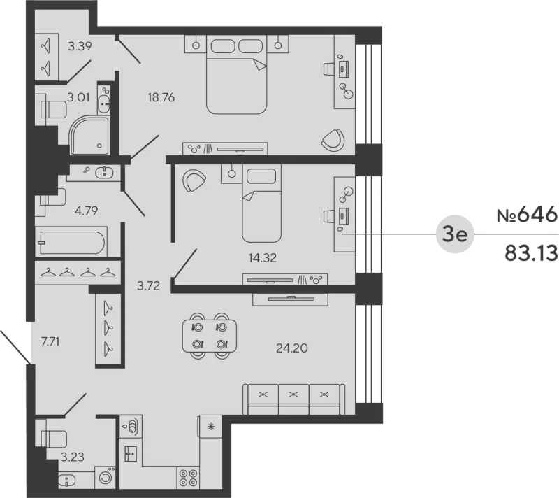 2-комнатная квартира  №646 в Bashni Element: 83.13 м², этаж 15 - купить в Санкт-Петербурге