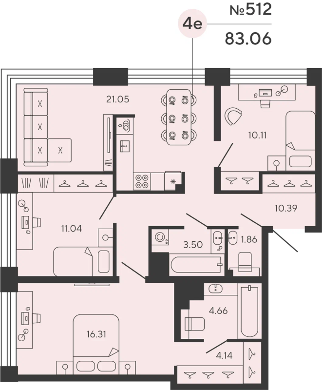 3-комнатная квартира  №512 в Bashni Element: 83.06 м², этаж 10 - купить в Санкт-Петербурге