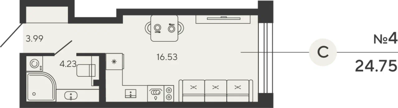 1-комнатная квартира, 24.75 м²; этаж: 3 - купить в Санкт-Петербурге