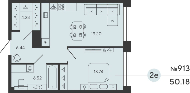 1-комнатная квартира  №913 в Bashni Element: 50.18 м², этаж 7 - купить в Санкт-Петербурге