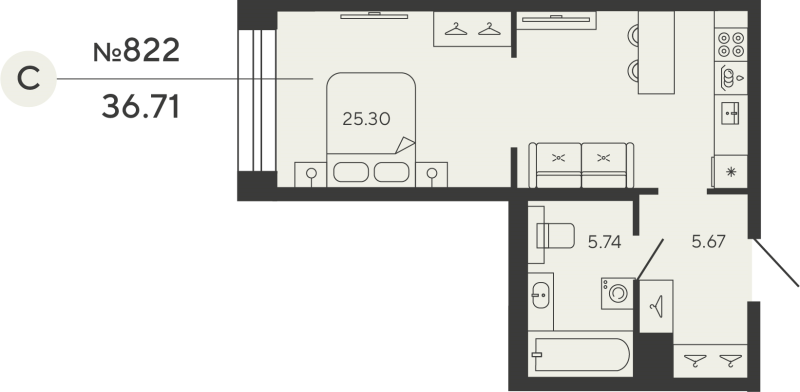 1-комнатная квартира №12уч в: BASHNI ELEMENT: 36.71 м²; этаж: 6 - купить в Санкт-Петербурге