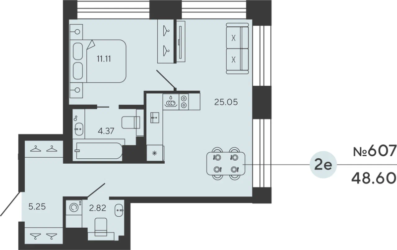 1-комнатная квартира  №607 в Bashni Element: 48.6 м², этаж 7 - купить в Санкт-Петербурге