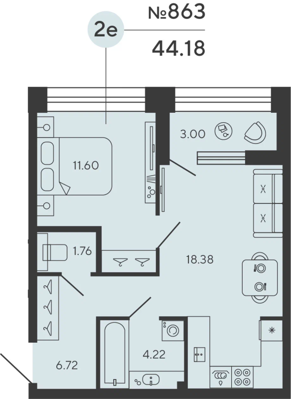 1-комнатная квартира  №863 в Bashni Element: 43.45 м², этаж 12 - купить в Санкт-Петербурге