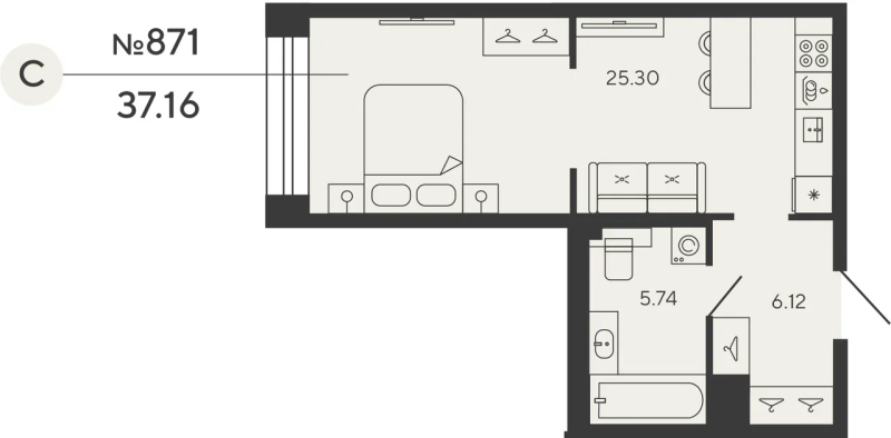 1-комнатная квартира №12уч в: BASHNI ELEMENT: 36.71 м²; этаж: 14 - купить в Санкт-Петербурге