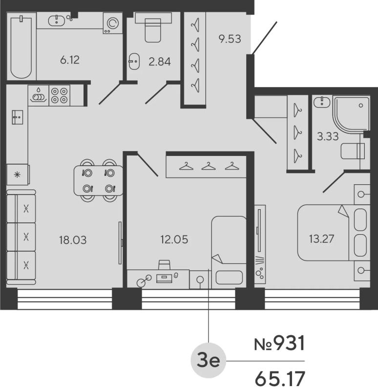 2-комнатная квартира  №931 в Bashni Element: 65.17 м², этаж 10 - купить в Санкт-Петербурге