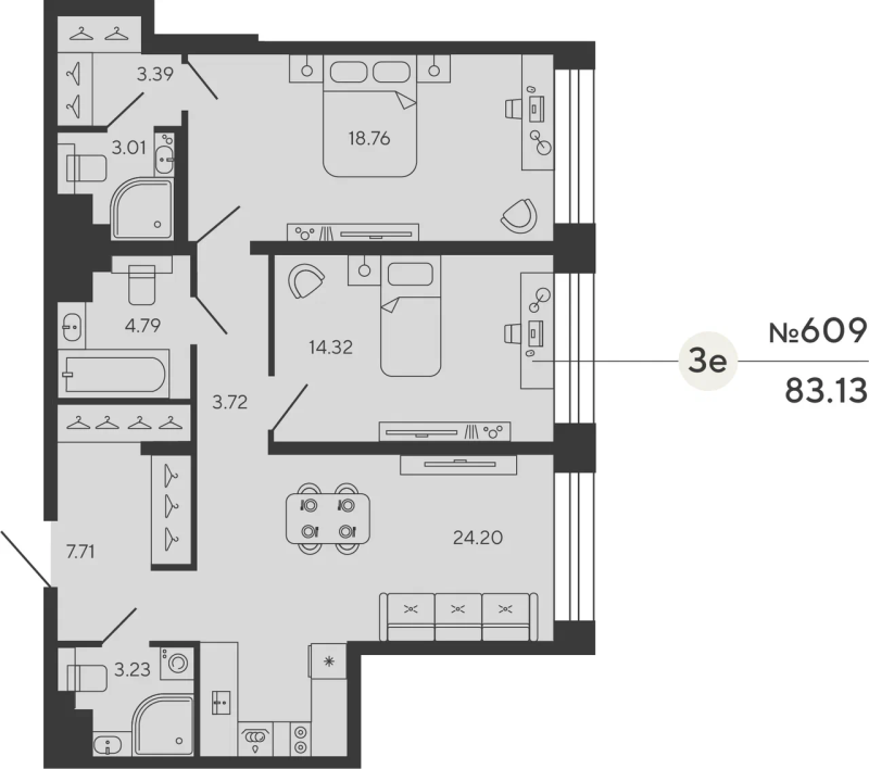 2-комнатная квартира  №609 в Bashni Element: 83.13 м², этаж 7 - купить в Санкт-Петербурге