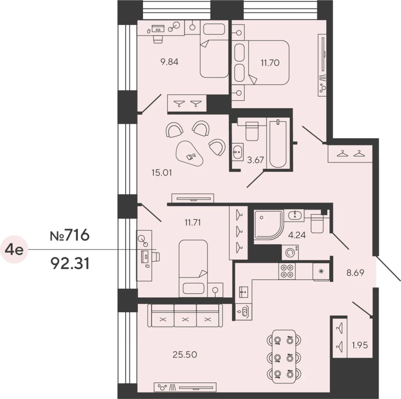 3-комнатная квартира, 92.31 м²; этаж: 14 - купить в Санкт-Петербурге