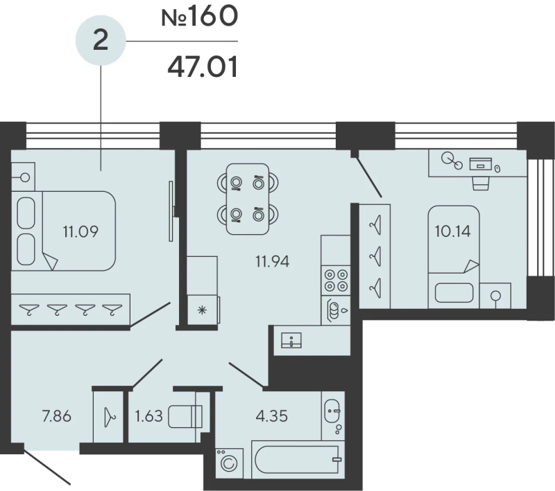 2-комнатная квартира  №160 в Bashni Element: 47.01 м², этаж 22 - купить в Санкт-Петербурге