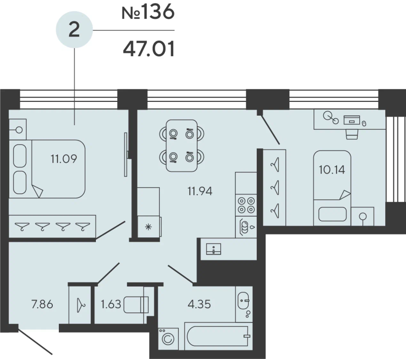 2-комнатная квартира, 47.01 м²; этаж: 18 - купить в Санкт-Петербурге