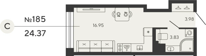 1-комнатная квартира  №185 в Bashni Element: 24.37 м², этаж 5 - купить в Санкт-Петербурге