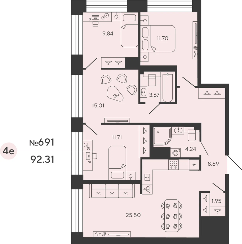 3-комнатная квартира, 92.31 м²; этаж: 8 - купить в Санкт-Петербурге